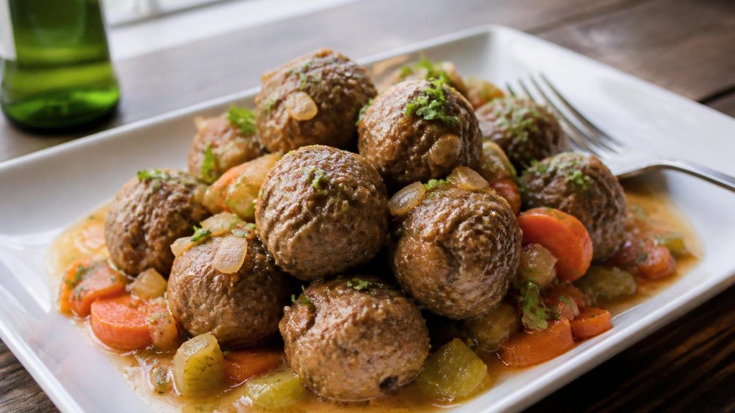 Polpette alla birra in un piatto bianco con il fondo di cottura, carote e sedano, e una bottiglia di birra sullo sfondo