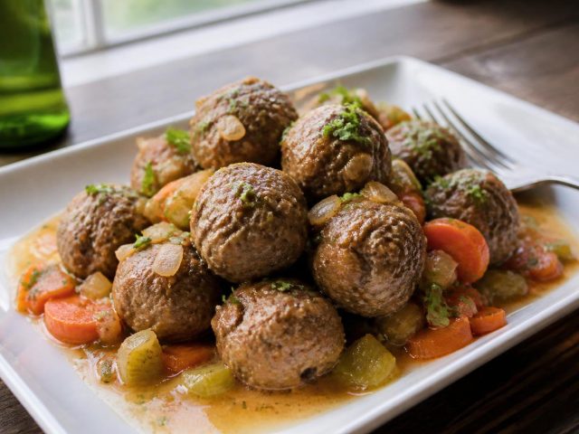 Polpette alla birra in un piatto bianco con il fondo di cottura, carote e sedano, e una bottiglia di birra sullo sfondo
